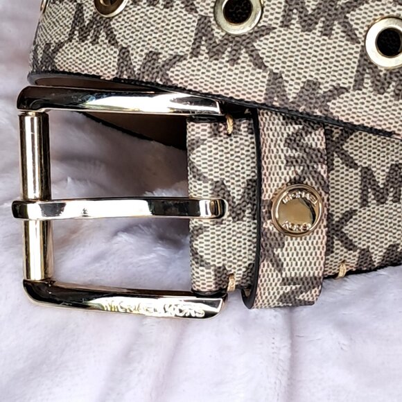 Michael Kors Womens MK Logo Print Tan Brown Belt Gold Buckle Size Small - Picture 3 of 11